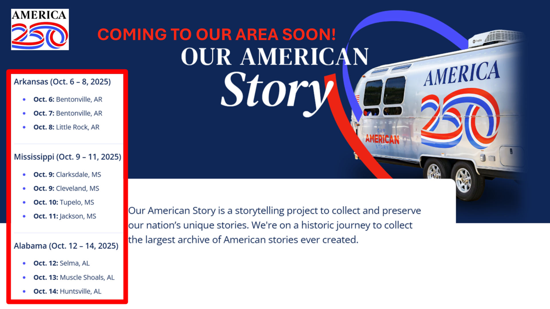 Our American Story Project is coming to Mississippi October 9th-11th, 2025. 