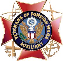 Veterans of Foreign Wars Auxiliary emblem featuring a red cross with a blue circle, gold eagle, and symbols including an anchor, rifle, and bugle.