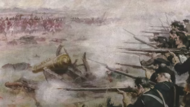 A battle scene with soldiers firing muskets and smoke rising near a fallen cannon.