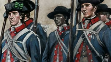 Soldiers in blue and red uniforms holding muskets, wearing black hats with white straps.