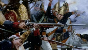 Soldiers in ornate gold helmets and dark uniforms aiming muskets during combat.