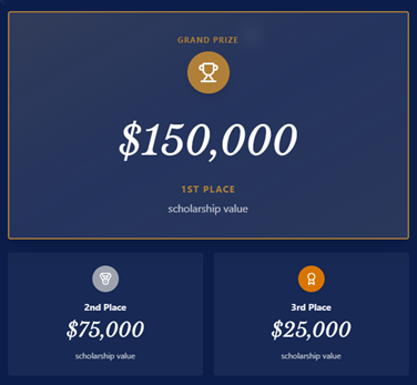 A blue prize chart showing scholarship amounts: Grand Prize $150,000 for 1st place, $75,000 for 2nd place, and $25,000 for 3rd place, each with corresponding icons.