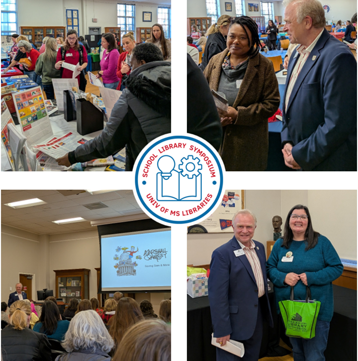 A collage shows scenes from a school library symposium, including attendees browsing tables, speaking with presenters, and sitting in a lecture session. The center features the event logo with illustrations of a book and gears.