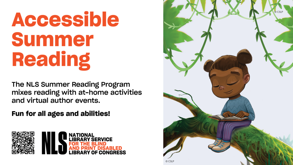 A promotional graphic for Accessible Summer Reading featuring program text on the left and an illustration of a child reading on a tree branch on the right.