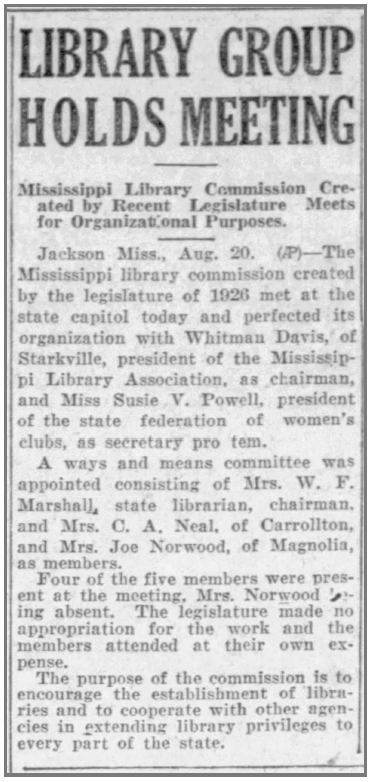 Black-and-white newspaper clipping titled “Library Group Holds Meeting” reporting on the 1926 formation of the Mississippi Library Commission.