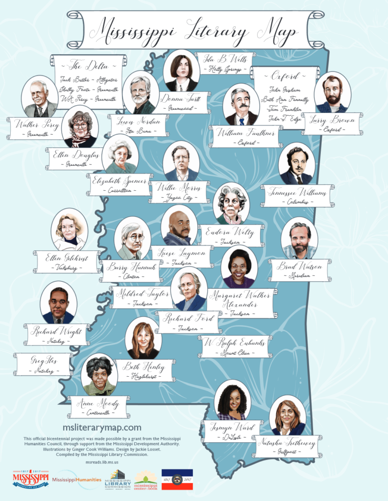 Illustrated "Mississippi Literary Map" showing a state map filled with portraits of authors labeled by their hometowns.